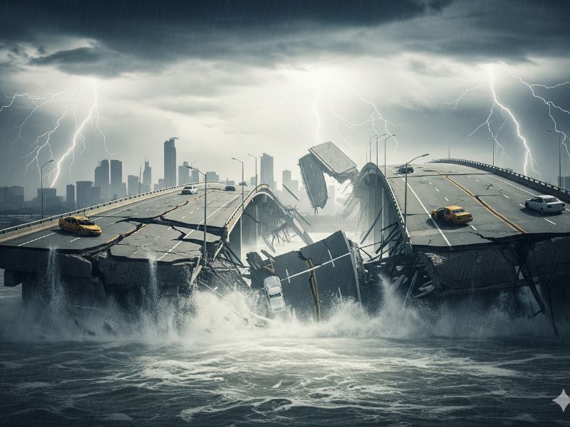 A ruined city with collapsed buildings and debris scattered across the streets. The stormy sky and shattered structures portray the devastating impact of climate disaster 2025 on metropolitan life.