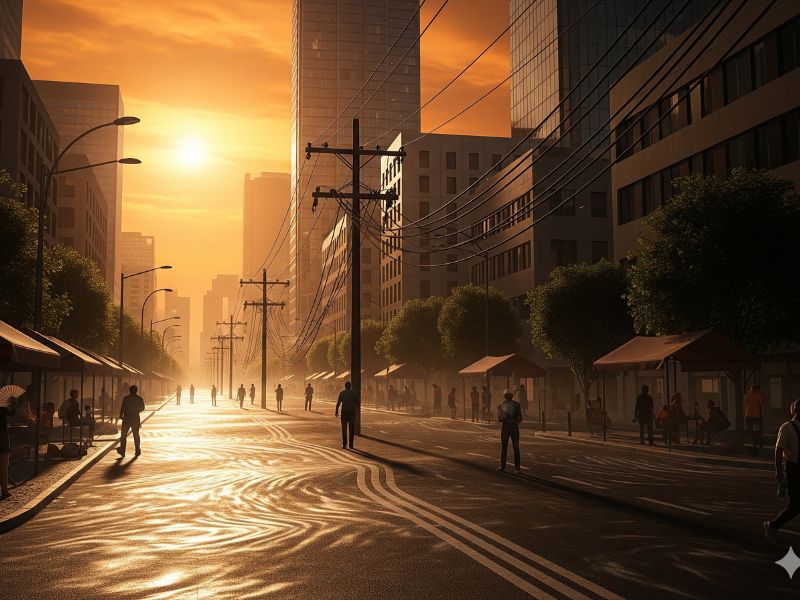 An empty city street lined with tall buildings under an ominous orange sky. The wet pavement and eerie silence suggest abandonment and decay, symbolic of urban vulnerability during climate disaster 2025.