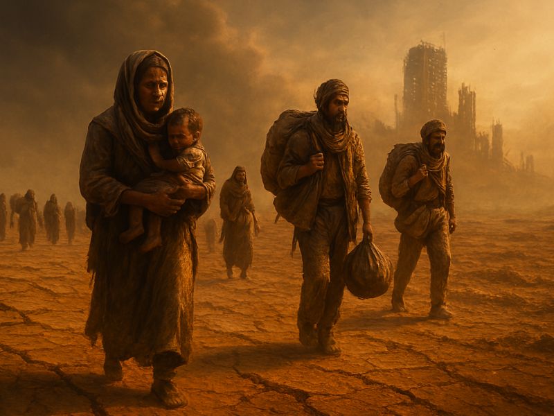Survivors walk through a desolate cityscape under a blazing orange sky. Crumbling buildings and scorched streets highlight the aftermath of climate disaster 2025 and the human toll of unchecked environmental degradation.