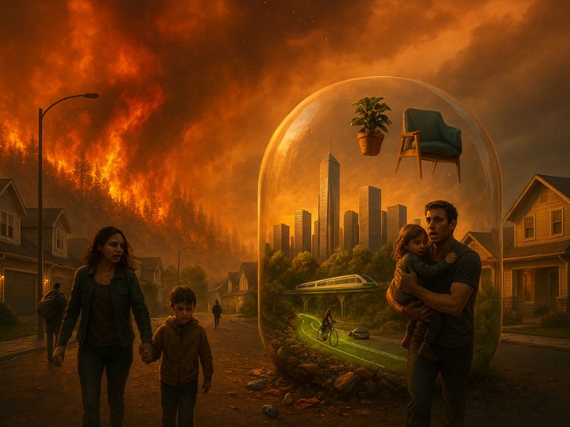 A group of people navigate a dusty, chaotic environment filled with military presence and destruction. The tense atmosphere evokes themes of displacement and survival in a world destabilized by environmental collapse.