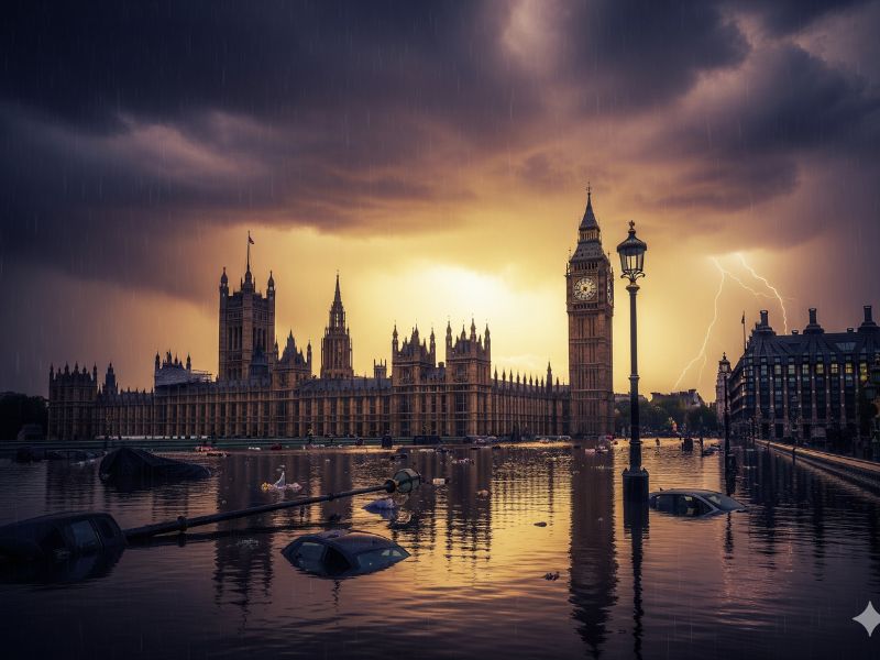 A surreal view of London submerged in rising waters, with Big Ben and the Houses of Parliament surrounded by floating platforms and futuristic structures. This haunting scene reflects the urban consequences of climate disaster 2025.