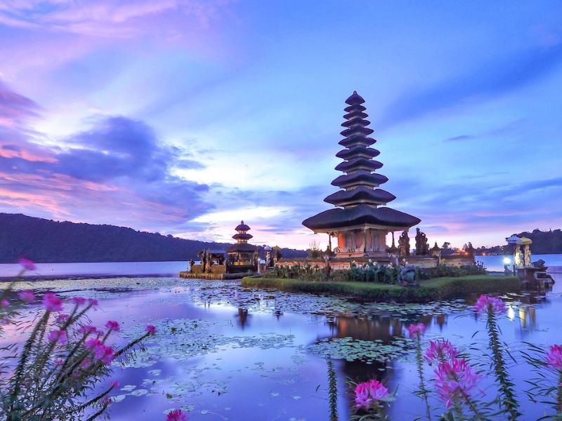 Multi-tiered pagoda rising above tranquil waters dotted with lotus flowers, under a pastel dawn sky—an inspiring digital nomad destination for spiritual seekers and cultural explorers.