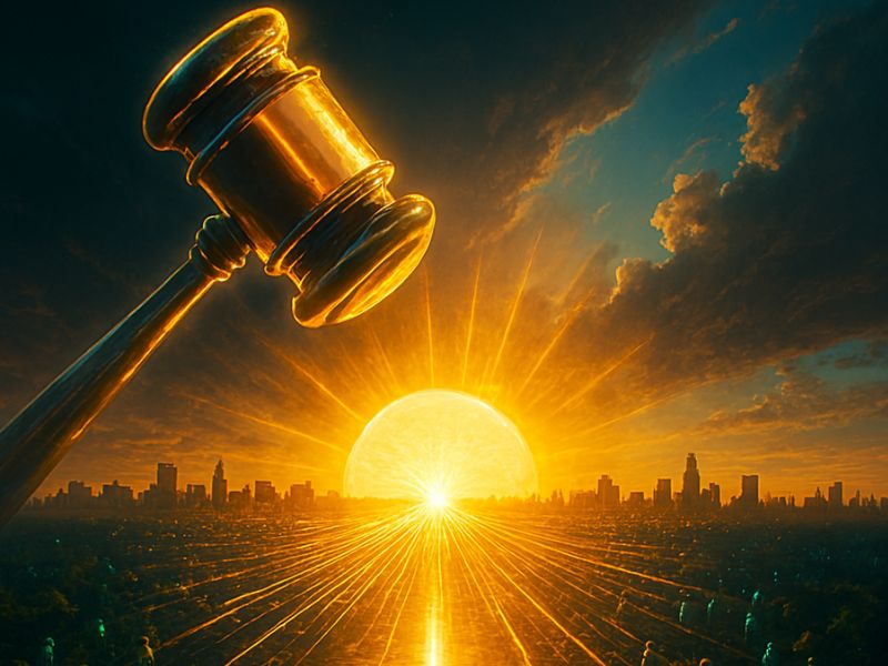 A radiant gavel rises over a city skyline at dawn, representing legal awakening and the societal impact of the Meta privacy lawsuit settlement and facebook datat breach compensation.