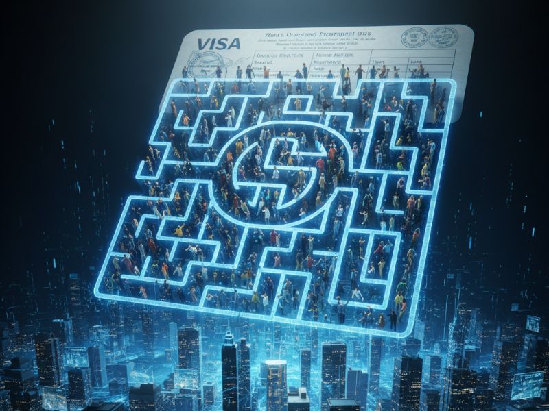 Complex glowing maze overlaying a VISA credit card with a highlighted path to its center—illustrating the intricate navigation and hurdles introduced by recent H1B visa policy changes.”