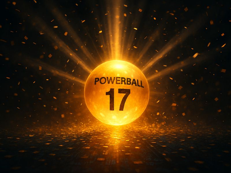 A glowing Powerball 17 ball surrounded by smaller golden spheres, capturing the moment of triumph in the Powerball Lottery 2025.