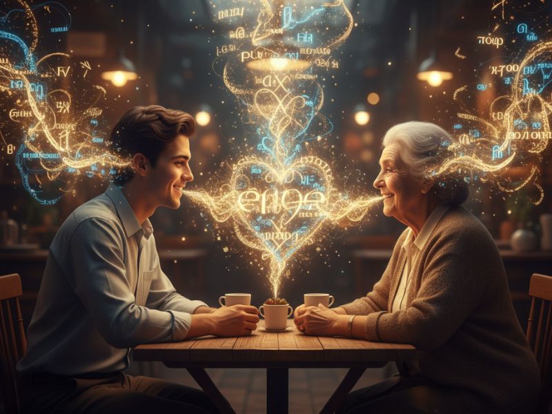 Two individuals seated across from each other with glowing heart-shaped digital links and the word 'FOREVER'—evoking emotional connection and mental health in the spotlight through tech-enhanced relationships."