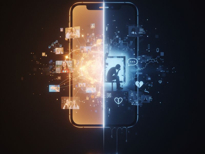 Glowing smartphone interface with digital particles and a human silhouette—highlighting mental health in the spotlight through themes of mobile connectivity, identity, and digital presence."