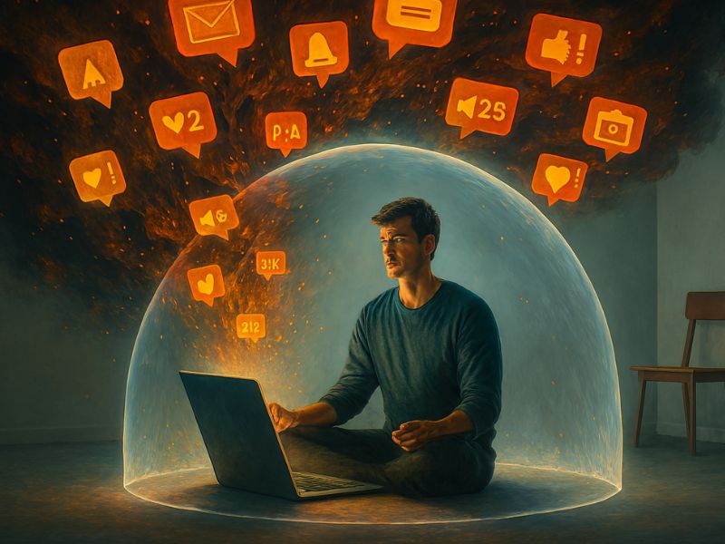 Person meditating with a laptop inside a semi-transparent dome surrounded by floating digital icons—symbolizing mental health in the spotlight within immersive virtual workspaces and digital overload.