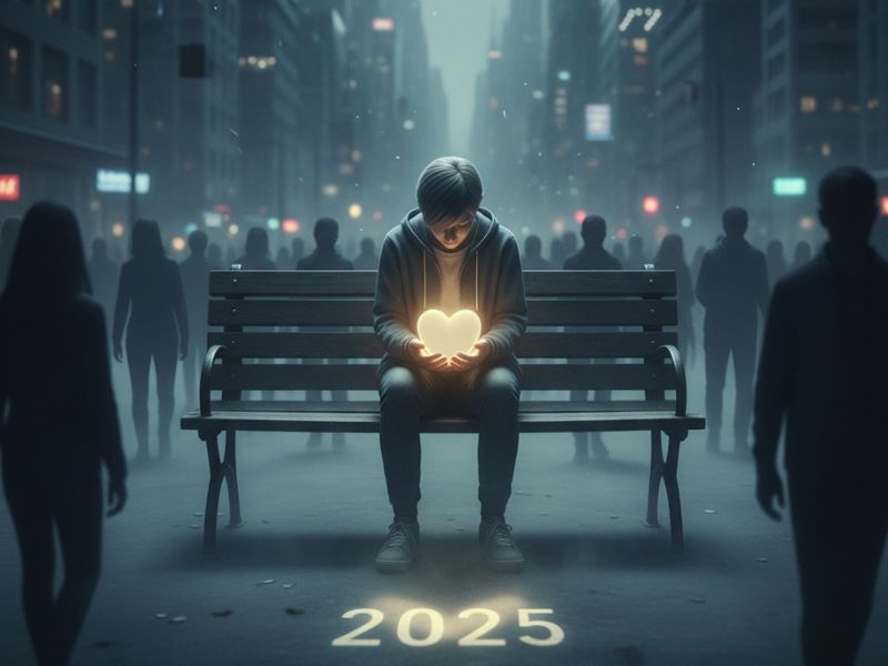 Solitary figure holding a glowing object in a dimly lit urban setting marked '2025'—a contemplative visual capturing mental health in the spotlight amid future uncertainty and isolation."