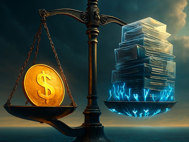 A symbolic scale weighs a gold coin against glowing data cubes, illustrating the tension between profit and privacy in the Meta privacy lawsuit and facebook data breach compensation