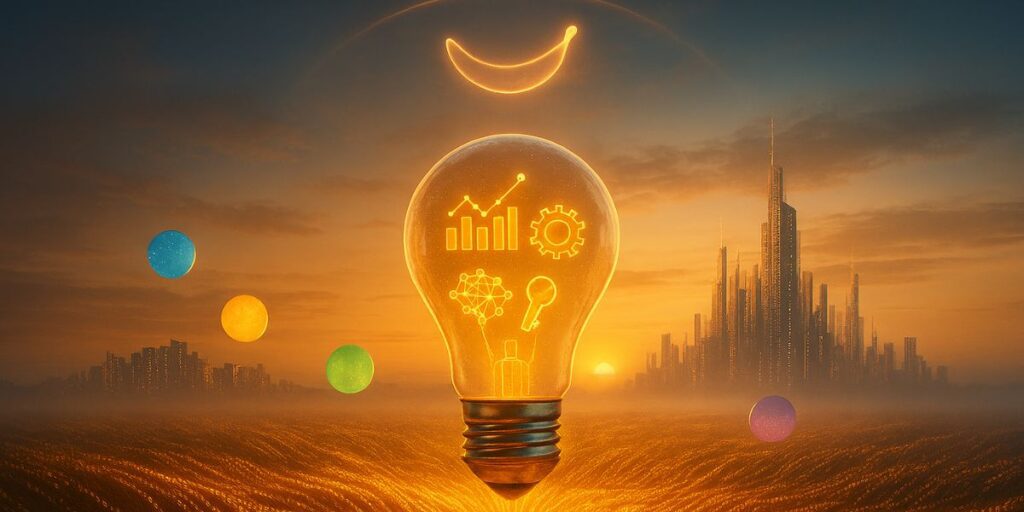 Surreal 8K landscape of a glowing light bulb sprouting from golden data streams, symbolizing innovation powered by Nano Banana AI.”