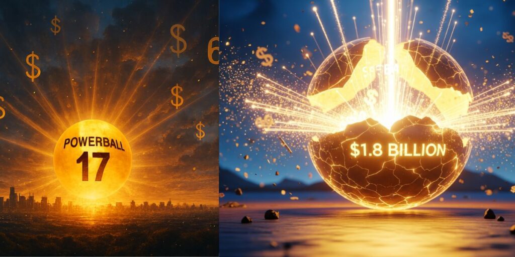 A split-screen visual symbolizing the Powerball Lottery 2025 jackpot moment—on the left, a glowing golden Powerball ball marked “17” rises over a surreal city skyline with floating dollar signs; on the right, a cracked sphere bursts with light, revealing the $1.8 billion prize amid sparkles and cosmic energy.