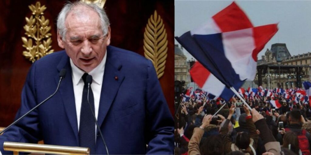 the photo showing image of a french MP and people protesting with France flags in the air. French government collapse will be the biggest news of fall.
