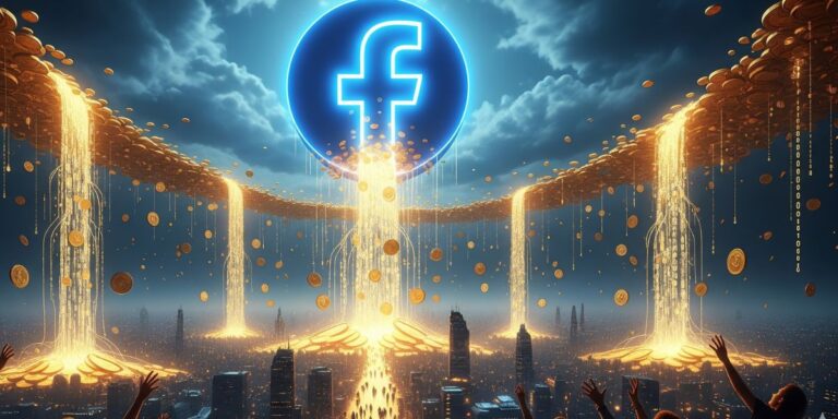 Surreal cascade of golden coins and molten light pouring from a dense cluster into the horizon, symbolizing the flow of wealth and public impact from the Facebook data breach compensation.