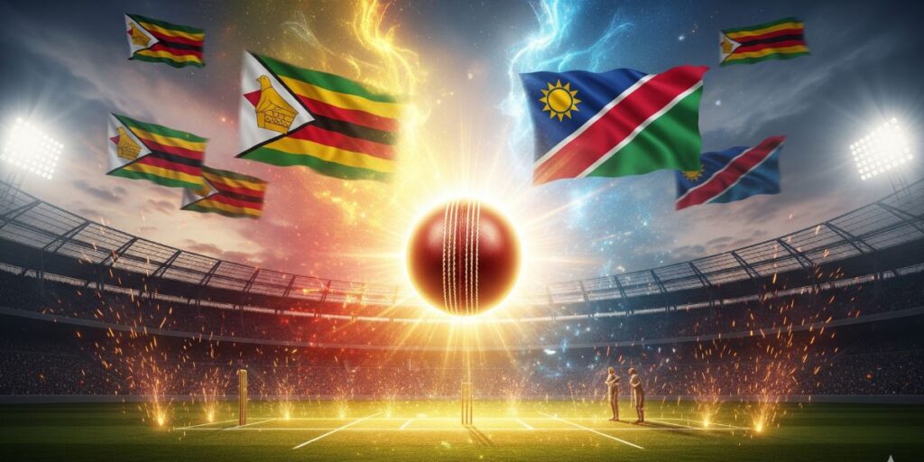 A dramatic cricket stadium scene with a glowing ball at the center, surrounded by radiant light effects and national flags of Zimbabwe and Namibia — capturing the intensity and excitement of the Zimbabwe Namibia match.