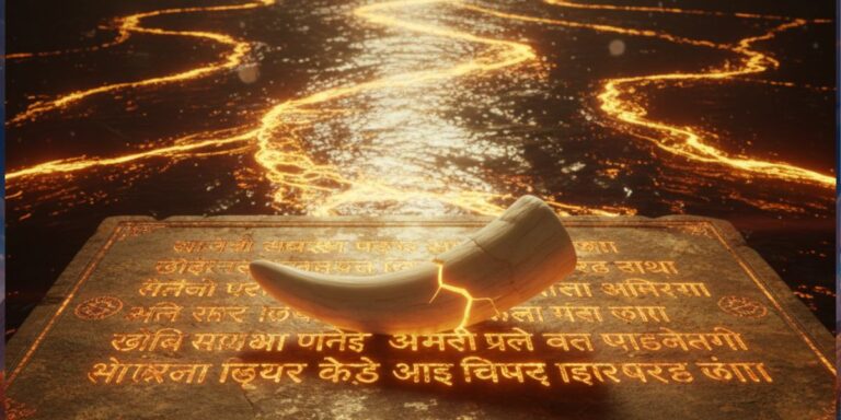 Symbolic artwork featuring a glowing cracked tusk above golden Devanagari script, with a radiant river of light — evoking divine wisdom and sacrifice in the 108 names of Ganesha in Hindi.”