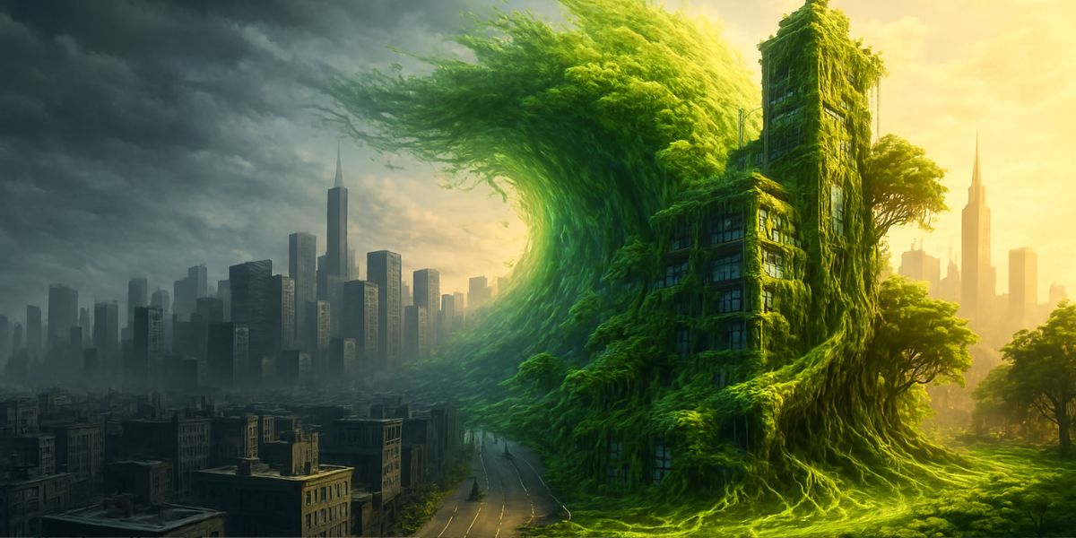 A surreal cityscape split between smoggy concrete buildings and lush vertical gardens, symbolizing the transformative power of the urban green revolution.