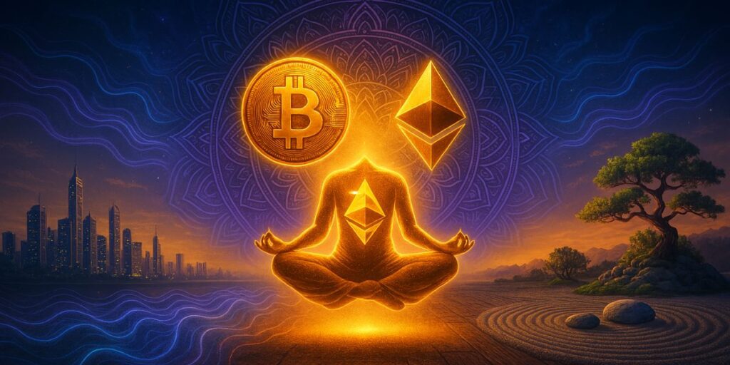A glowing meditative figure in lotus position radiates Ethereum and Bitcoin symbols, set against a backdrop of futuristic cityscape and serene nature—symbolizing the balance of crypto and karma through spiritual and technological harmony.