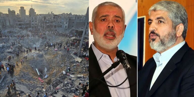 Urban devastation from Israel Qatar airstrike with civilians gathered around a massive crater, juxtaposed with political figures addressing the aftermath.