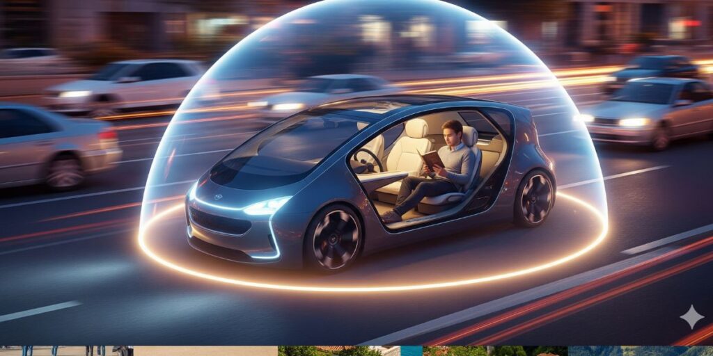 A futuristic car with a clear dome design and seated occupant, emphasizing innovation in vehicle architecture and immersive travel experiences. a true representation of autonomous vehicles.