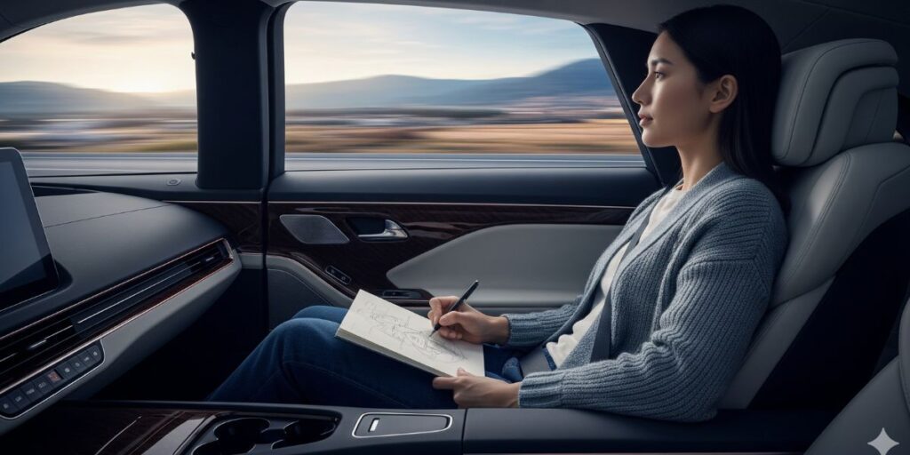 Inside autonomous vehicles, a passenger writes comfortably, showcasing the shift toward productivity and relaxation during transit.