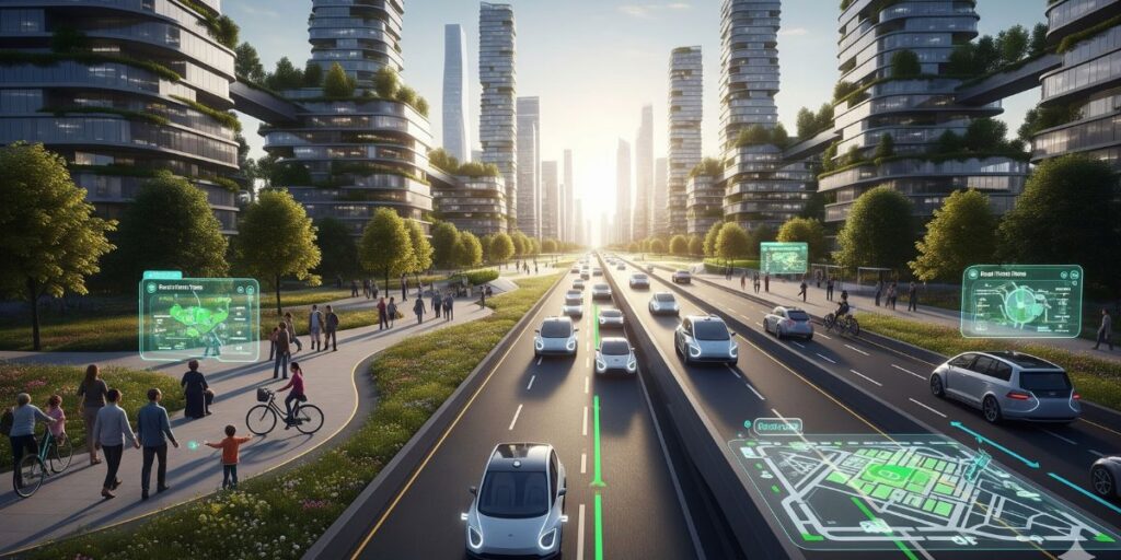 A futuristic urban scene featuring autonomous vehicles in synchronized motion, highlighting smart city infrastructure and mobility trends.