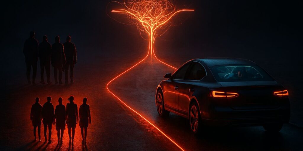 autonomous vehicles travels beneath a surreal data canopy, visualizing real-time connectivity and smart transportation networks.
