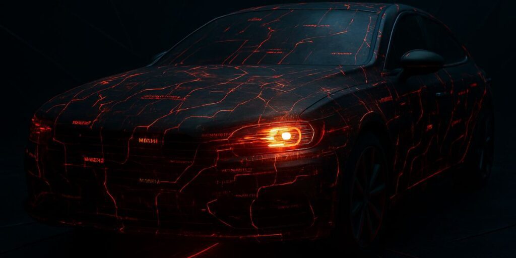A sleek autonomous vehicle surrounded by digital patterns and glowing red lines, representing cutting-edge design and intelligent navigation.