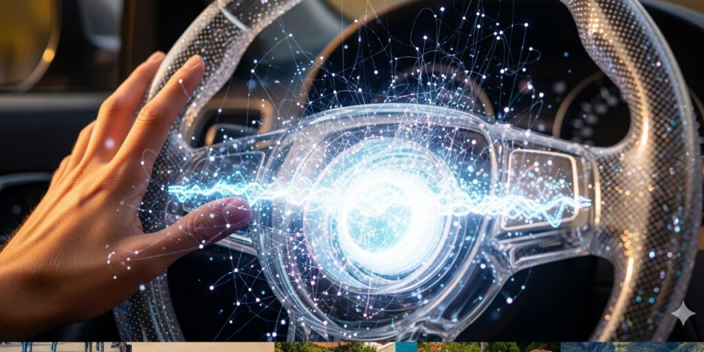 A user engages with a glowing digital interface, symbolizing the advanced AI systems powering autonomous vehicles and smart mobility.