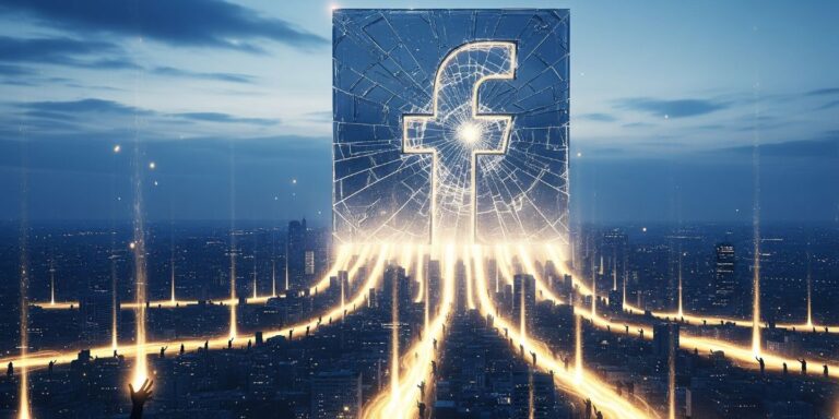 Futuristic Facebook logo built from glowing data nodes towers over a digital cityscape, with illuminated pathways symbolizing connectivity and the ripple effects of the $725M privacy payout.