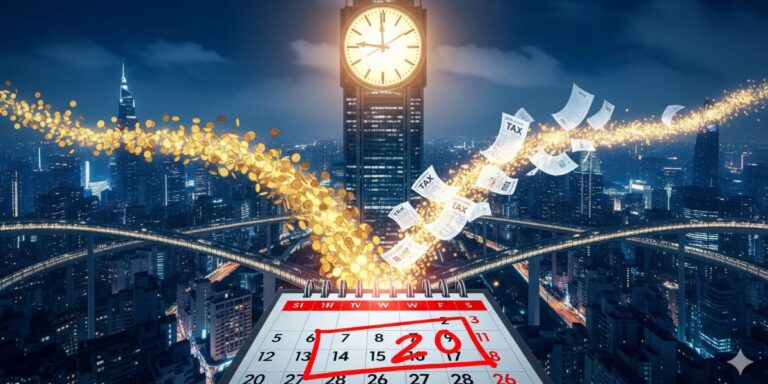 A futuristic cityscape at night featuring a glowing clock tower and dynamic digital elements, with a marked calendar date in the foreground — symbolizing urgency and the looming penalty on advance tax.