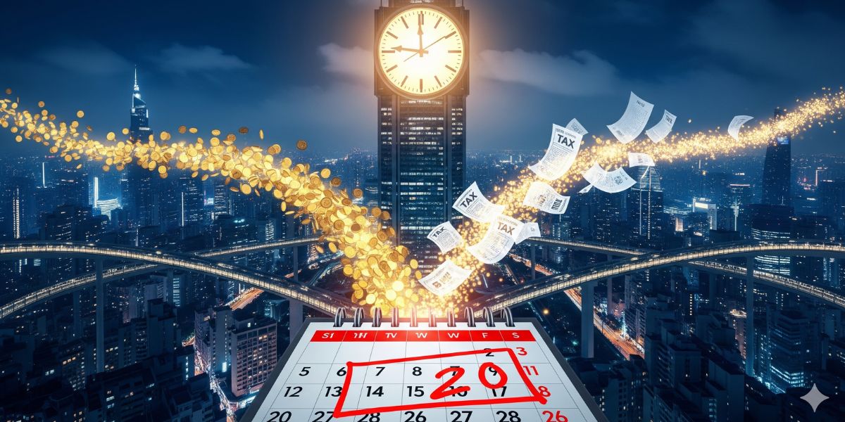 A futuristic cityscape at night featuring a glowing clock tower and dynamic digital elements, with a marked calendar date in the foreground — symbolizing urgency and the looming penalty on advance tax.