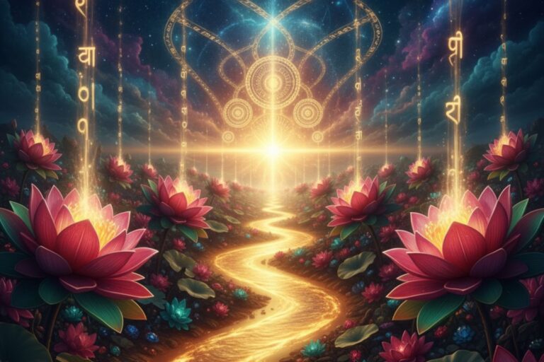 Mystical night sky filled with Sanskrit light streams and blooming lotuses, visualizing the sacred energy and prosperity invoked by Sri Suktam.