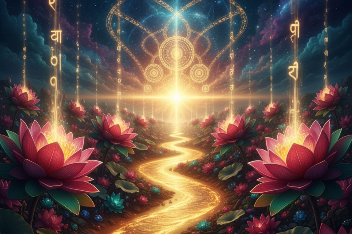 Mystical night sky filled with Sanskrit light streams and blooming lotuses, visualizing the sacred energy and prosperity invoked by Sri Suktam.