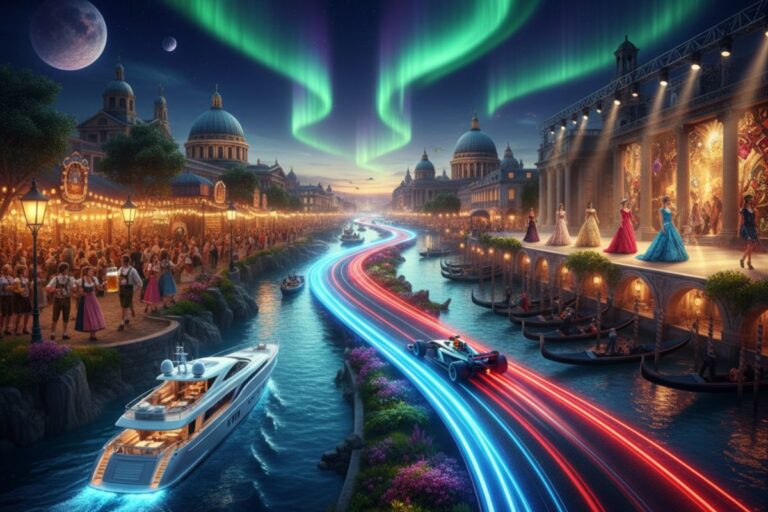 "Fantastical nighttime cityscape with classical domes and glowing auroras, where a white yacht glides through neon-lit waters and elegantly dressed figures perform on a grand riverside stage—capturing the surreal elegance and celebration of luxury travel events September around the world."