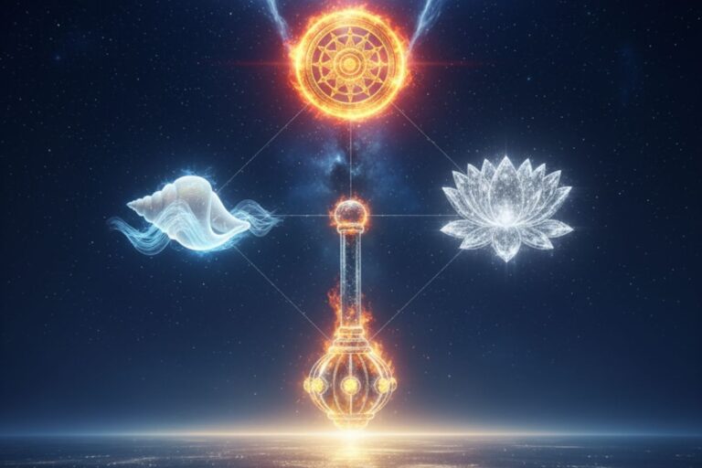 Divine artwork featuring a radiant mandala, fiery orb, and lotus forms against a cosmic backdrop — symbolizing spiritual energy and cosmic harmony inspired by the 108 names of Vishnu in Hindi.”