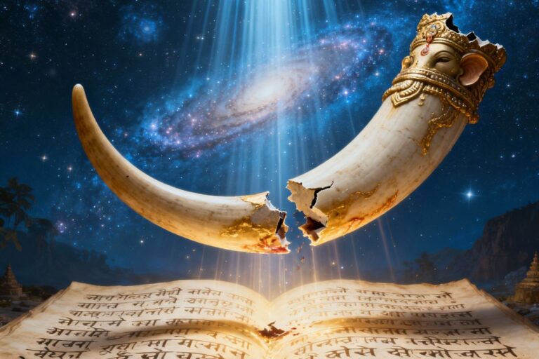 “Surreal cosmic artwork featuring broken golden tusks above a glowing Sanskrit manuscript, illuminated by divine light — symbolizing ancient wisdom and sacrifice in the 108 names of Ganesha in hindi