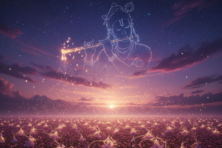 Celestial depiction of Lord Krishna playing the flute under a star-lit sky, evoking divine serenity and mysticism — perfect visual for 108 names of Krishna in hindi.