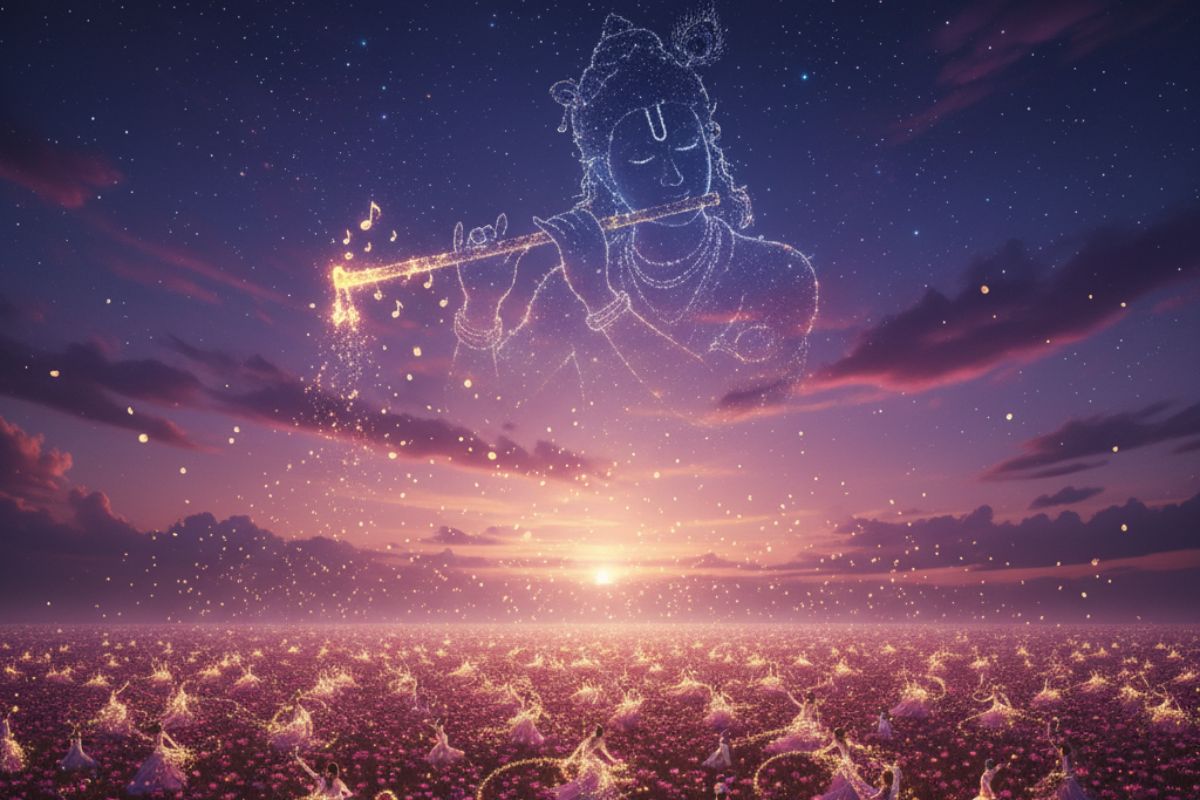 Celestial depiction of Lord Krishna playing the flute under a star-lit sky, evoking divine serenity and mysticism — perfect visual for 108 names of Krishna in hindi.