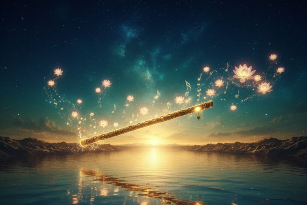 A golden wand radiates divine energy over tranquil waters at sunset, symbolizing the mystical aura of 108 names of Krishna in Hindi and their soul-healing power.