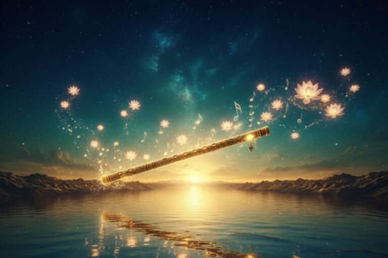 A golden wand radiates divine energy over tranquil waters at sunset, symbolizing the mystical aura of 108 names of Krishna in Hindi and their soul-healing power.