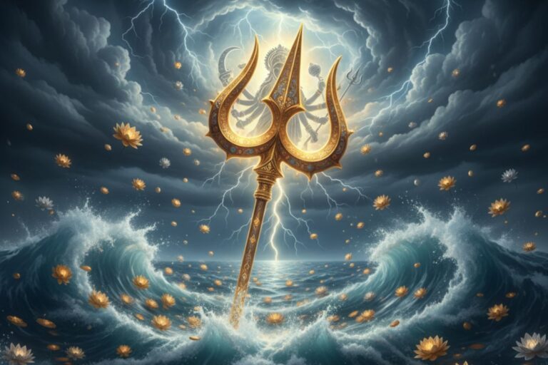 A radiant golden trident rises from stormy seas, symbolizing divine strength and cosmic fury — a perfect visual echo of the 108 names of Maa Durga