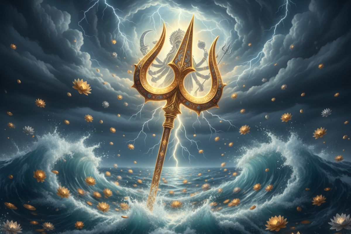 A radiant golden trident rises from stormy seas, symbolizing divine strength and cosmic fury — a perfect visual echo of the 108 names of Maa Durga