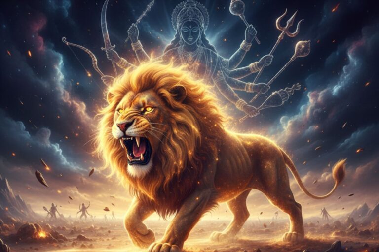 A roaring lion and multi-armed divine figure radiate fierce energy amid lightning and storm clouds — a symbolic tribute to 108 names of Maa Durga in Hindi.