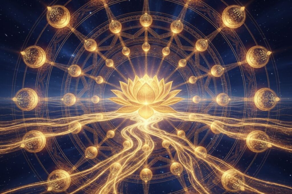 Radiant golden lotus surrounded by glowing orbs and Sanskrit light streams, symbolizing cosmic harmony and divine energy of Siddha Laxmi Stotra.