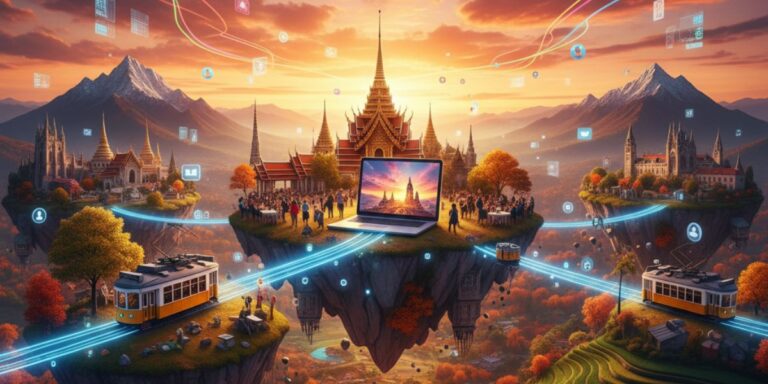 "Fantastical floating islands connected by glowing digital pathways, with a central laptop displaying a sunset scene amid autumn trees and Southeast Asian temple spires—symbolizing the fusion of tradition and technology in visionary digital nomad destinations."
