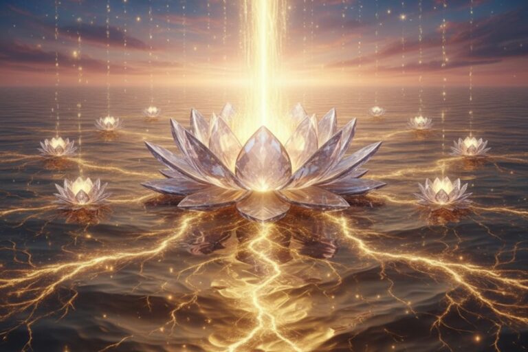 "Ultra-realistic cinematic 8K surreal landscape featuring a glowing crystal lotus floating above liquid gold ocean, with radiant light streams symbolizing divine blessings inspired by the siddha laxmi stotra