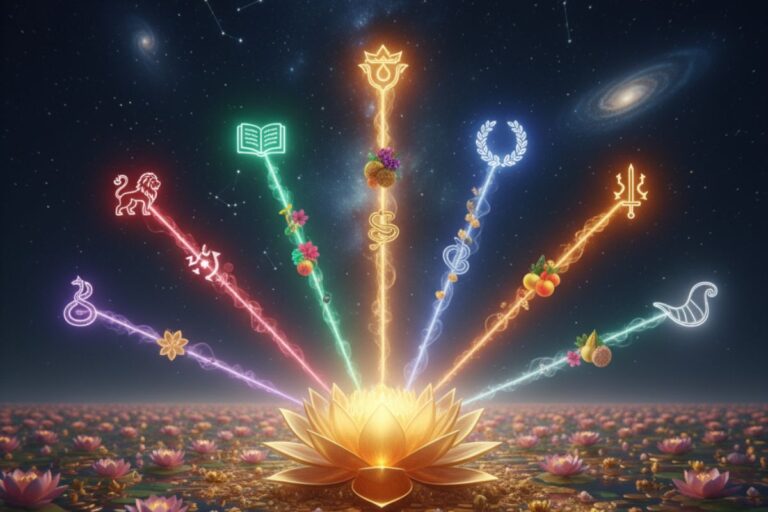 Golden lotus radiating eight colorful beams, each forming symbolic icons of wealth, wisdom, and abundance — a visual tribute to Asht Laxmi Stotra’s divine blessings.