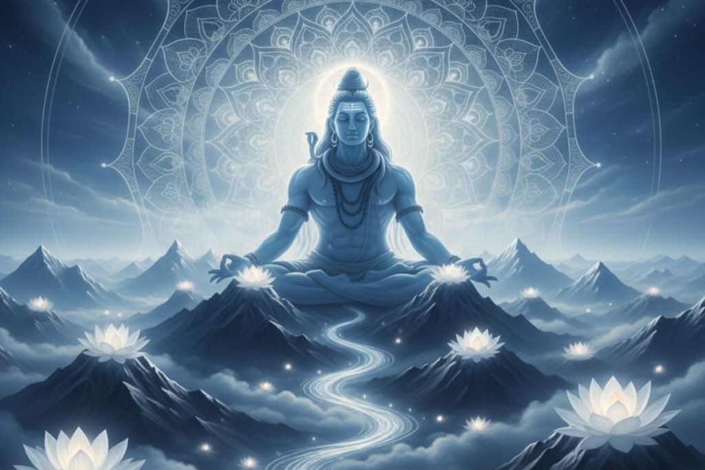 Divine meditating figure seated atop Himalayan peaks, surrounded by glowing lotus flowers and a flowing river — symbolizing spiritual awakening through the 108 names of Shiva in Hindi.