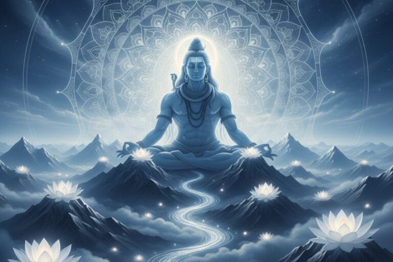 Divine meditating figure seated atop Himalayan peaks, surrounded by glowing lotus flowers and a flowing river — symbolizing spiritual awakening through the 108 names of Shiva in Hindi.